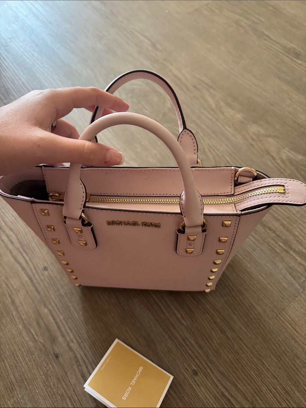 Michael Kors Pink Saffiano Mini Tote with Gold Studs - Picture 4 of 5